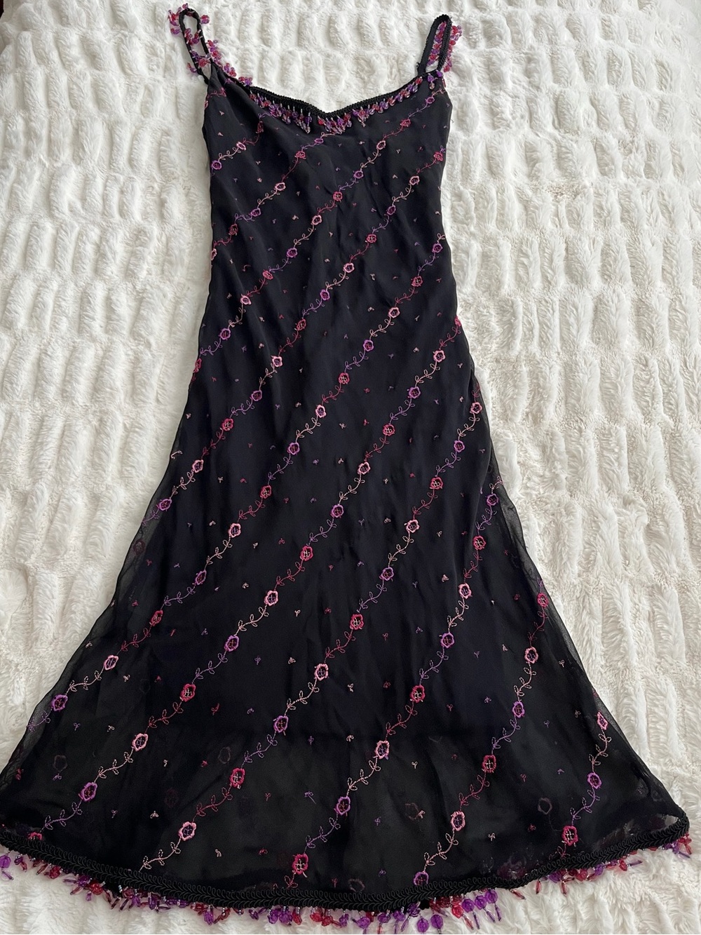 Betsey Johnson Black Dress with Pink & Purple Embroidery